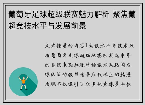 葡萄牙足球超级联赛魅力解析 聚焦葡超竞技水平与发展前景 葡萄牙足球超级联赛魅力解析 聚焦葡超竞技水平与发展前景