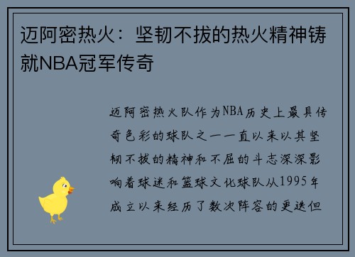 迈阿密热火：坚韧不拔的热火精神铸就NBA冠军传奇