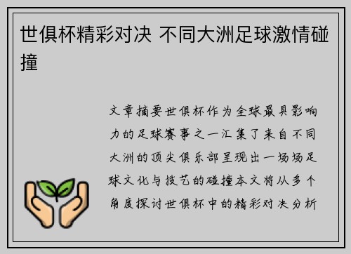 世俱杯精彩对决 不同大洲足球激情碰撞